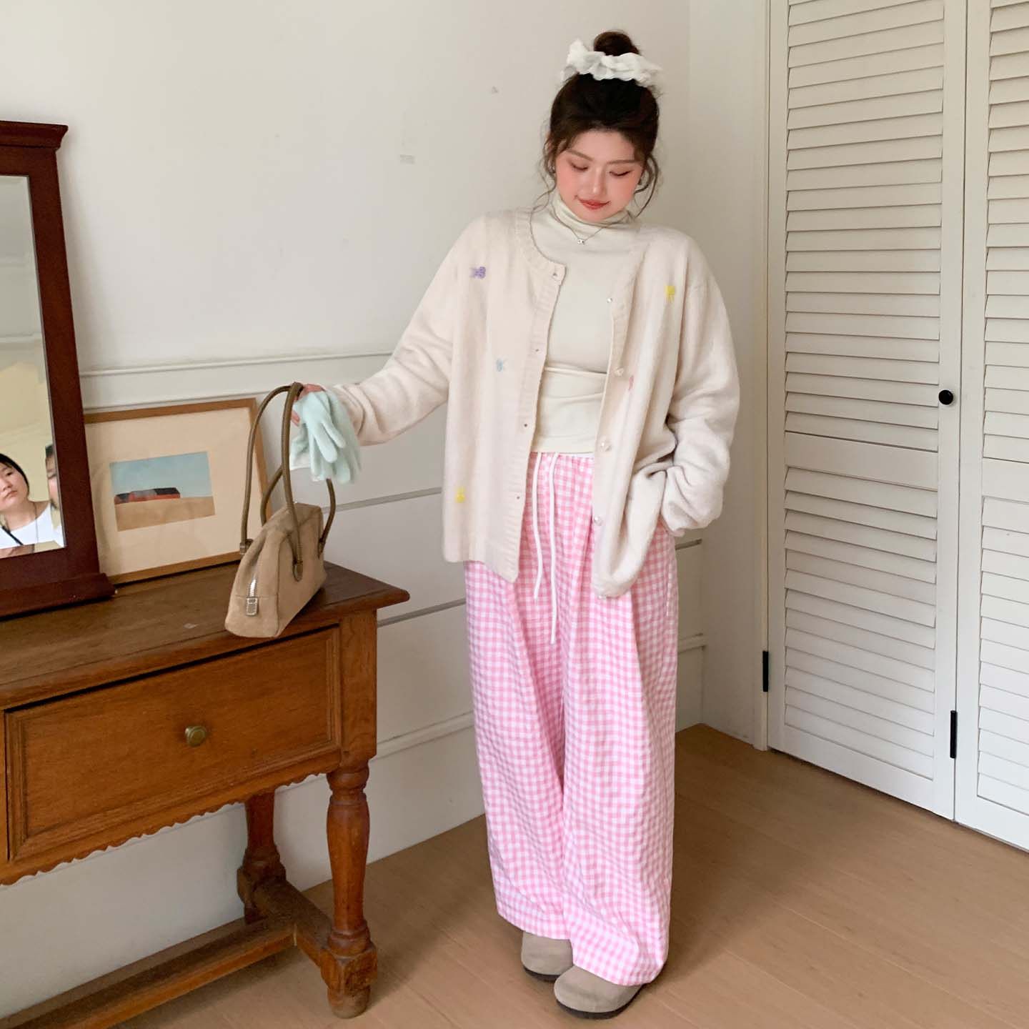 YUZI粉白格纹阔腿裤大码女装甜美少女感抽绳松紧腰百搭宽松垂坠感,淘宝优惠券,粉丝福利购,淘宝优惠卷