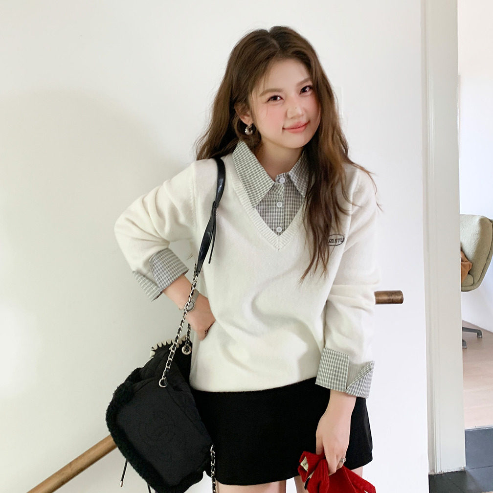 YUZI鱼子假两件针织衫上衣特大码女装正肩减龄宽松毛衣秋冬胖mm,淘宝优惠券,粉丝福利购,淘宝优惠卷