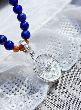 天然青金石红玛瑙项链可拆卸吊坠圆牌星星太阳纯银挂坠