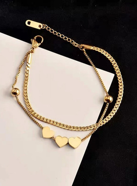 双层爱心钛钢手链女通勤百搭蛇骨轻奢小众精致手串中式贵气手饰品