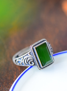 时尚复古风简约方形设计和田玉碧戒指气质百搭s925银镶嵌戒指女款