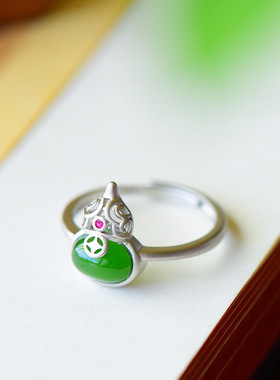 镂空福禄招财纳福戒指精致百搭双色可选s925银镶嵌和田碧玉戒指