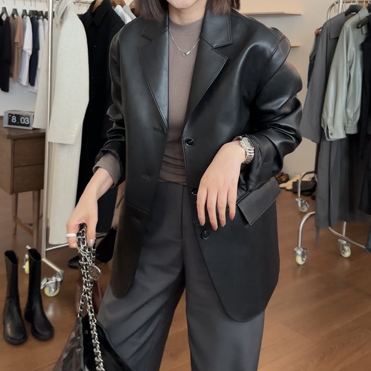 widelia陈魅儿2024秋冬新款百搭时尚高品质翻领机车风皮衣外套女