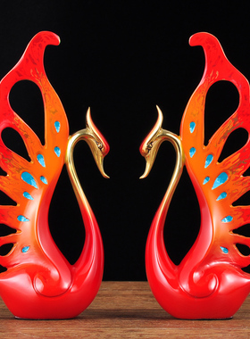 莲善堂彩铜天鹅一对摆件客厅玄关