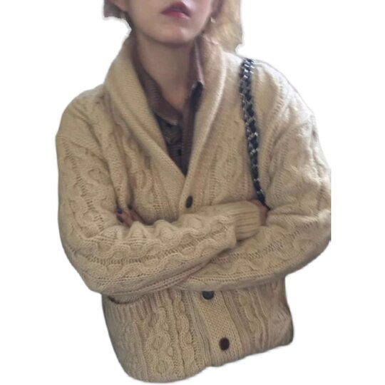 秋冬款山羊绒开衫女加厚复古针织外套2025慵懒韩版麻花宽松毛衣女