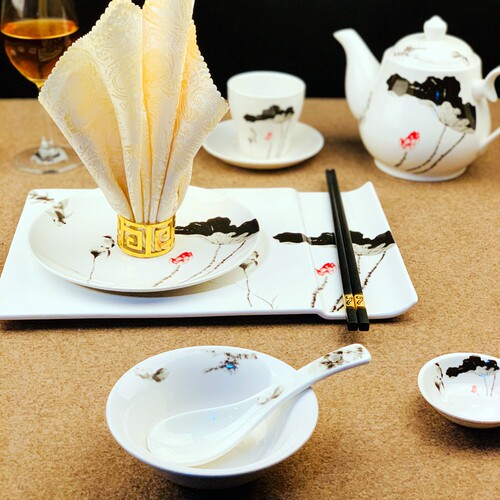 酒店用品陶瓷套装餐厅新中式饭店碗盘碟摆台餐具四件套定制印店名 - 图0