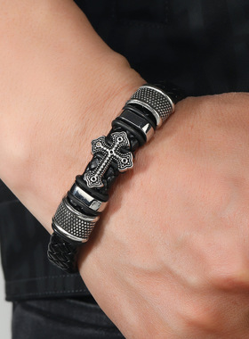 欧美新款个性复古多层皮革十字架手链时尚潮流男士磁扣纪念手环