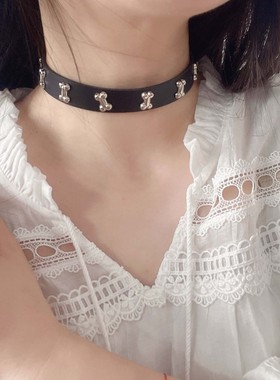 甜酷辣妹皮革骨头choker项链项圈锁骨链小众嘻哈金属铆钉颈链