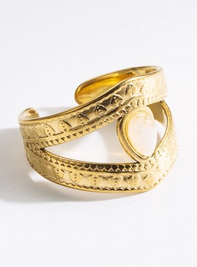 水滴形天然石18K镀金开口戒指