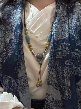 新中式复古民族风藏族少女陶瓷串珠长款项链小众古风百搭毛衣链女