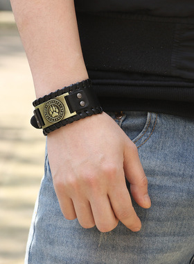 熊掌真皮编织皮革手环欧美朋克北极熊动物造型手链高级感男士