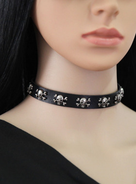 个性甜酷风辣妹骷髅头项链皮革项圈锁骨链朋克鬼头铆钉颈链PU