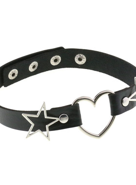 跨境新款原宿软妹黑色PU皮质桃心爱心形项圈女颈带五角星锁骨