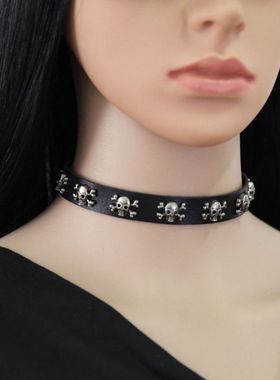 个性甜酷风辣妹骷髅头项链皮革项圈锁骨链朋克鬼头铆钉颈链PU项饰