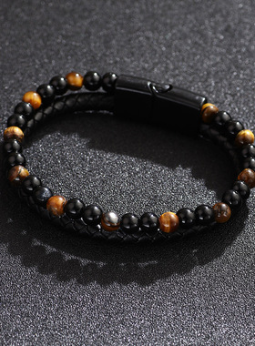 跨境热销天然虎眼石串珠手链男士PU皮革编织火山石手链百搭高级