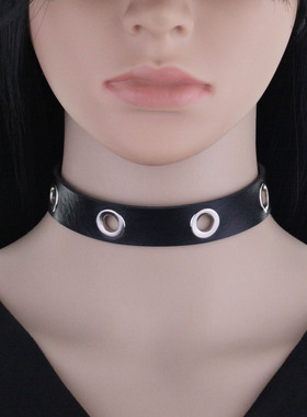 新款朋克风镂空透气孔洞PU颈圈皮革项链锁骨链夜店暗黑系皮质