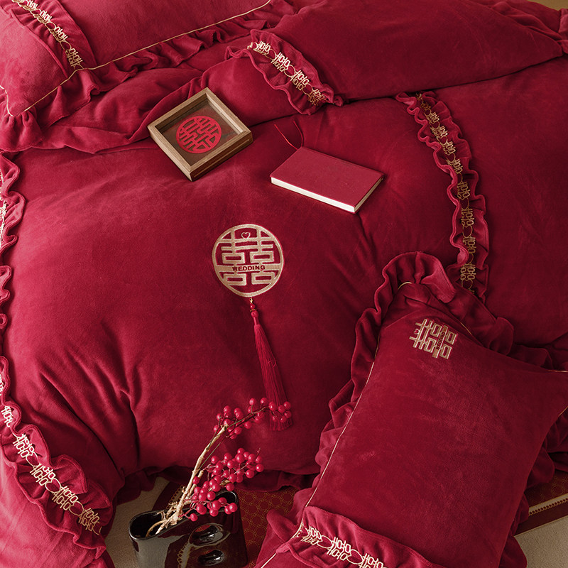 公主风秋冬牛奶绒婚庆四件套红色加厚保暖珊瑚绒床单结婚床上用品,淘宝优惠券,粉丝福利购,淘宝优惠卷