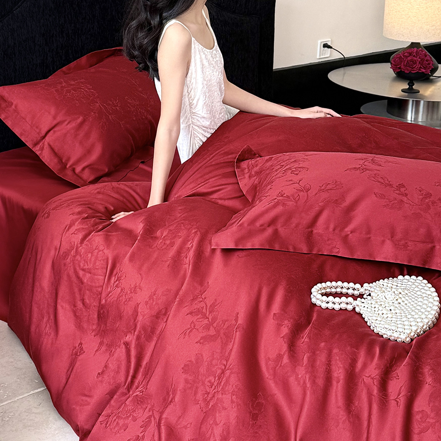 坤花家纺轻奢风婚庆四件套100S纯棉被套红色结婚喜被陪嫁床单床品,淘宝优惠券,粉丝福利购,淘宝优惠卷