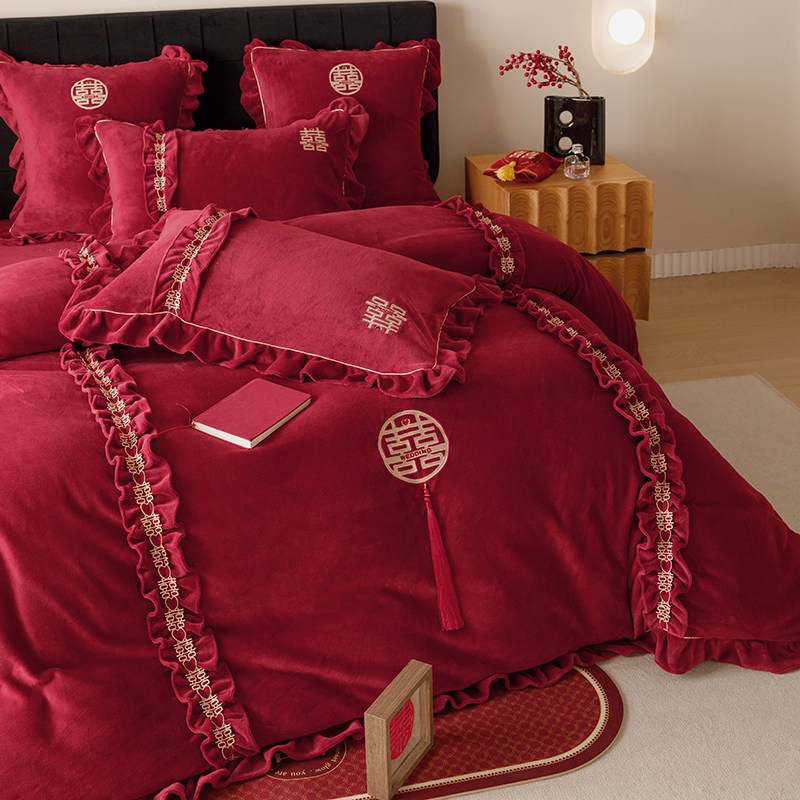 公主风秋冬牛奶绒婚庆四件套红色加厚保暖珊瑚绒床单结婚床上用品,淘宝优惠券,粉丝福利购,淘宝优惠卷