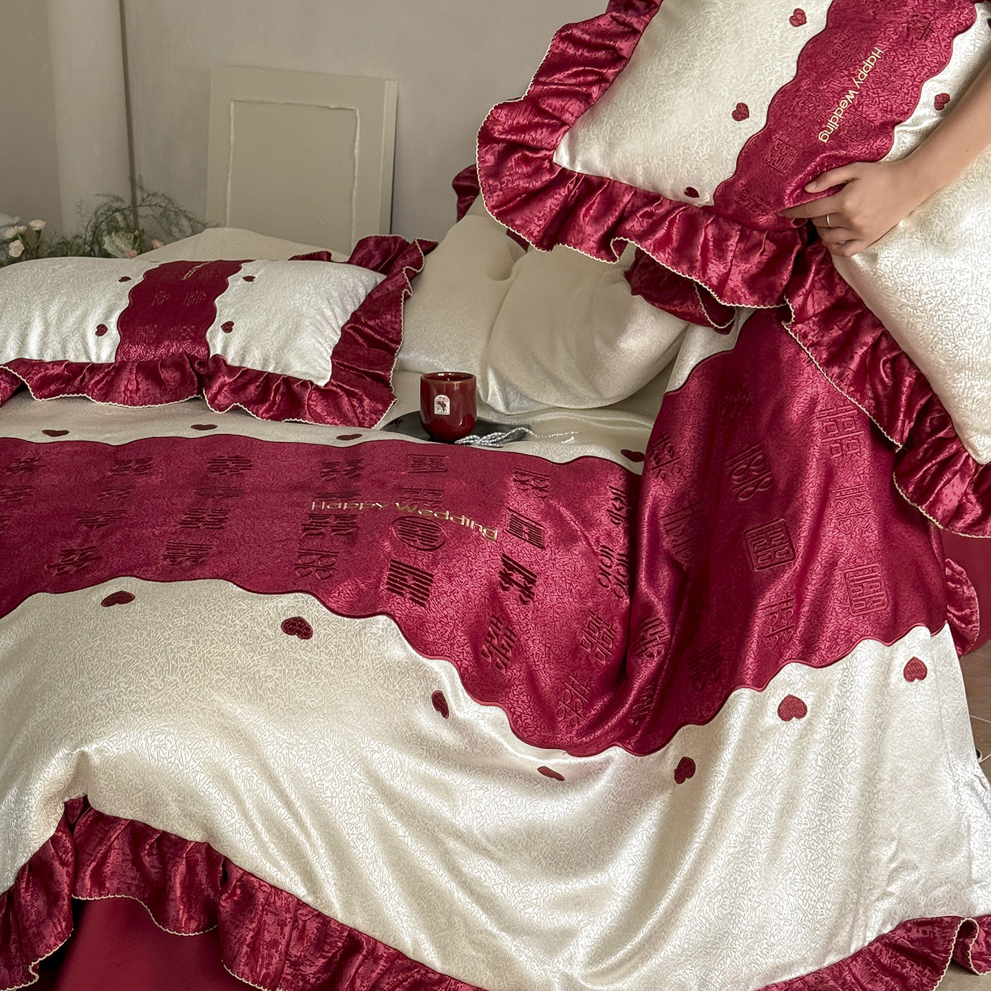 法式新婚庆四件套100S长绒棉双喜刺刺绣被套红色纯棉结婚喜被床品 - 图3