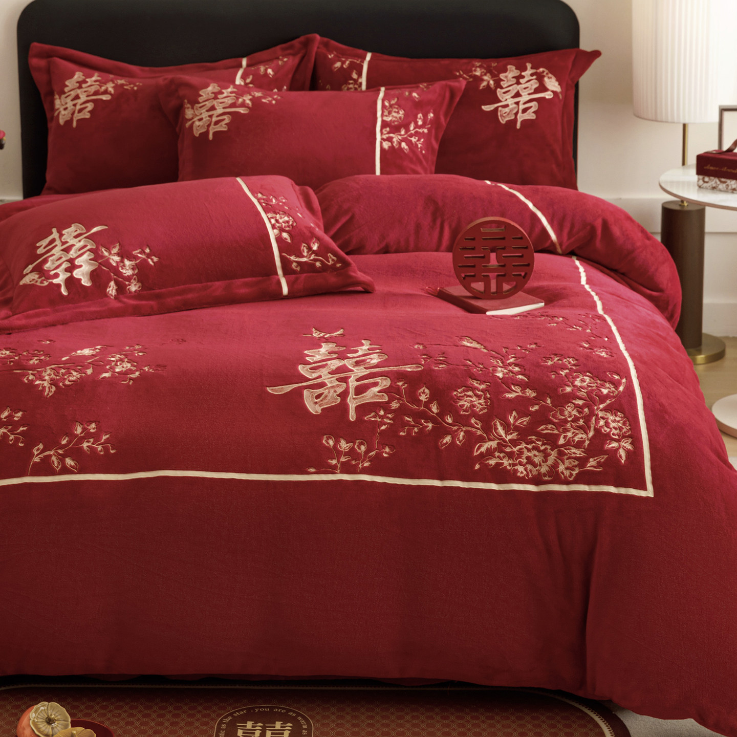 新中式牛奶绒婚庆四件套加厚保暖喜字被套红色冬季珊瑚绒结婚床品,淘宝优惠券,粉丝福利购,淘宝优惠卷