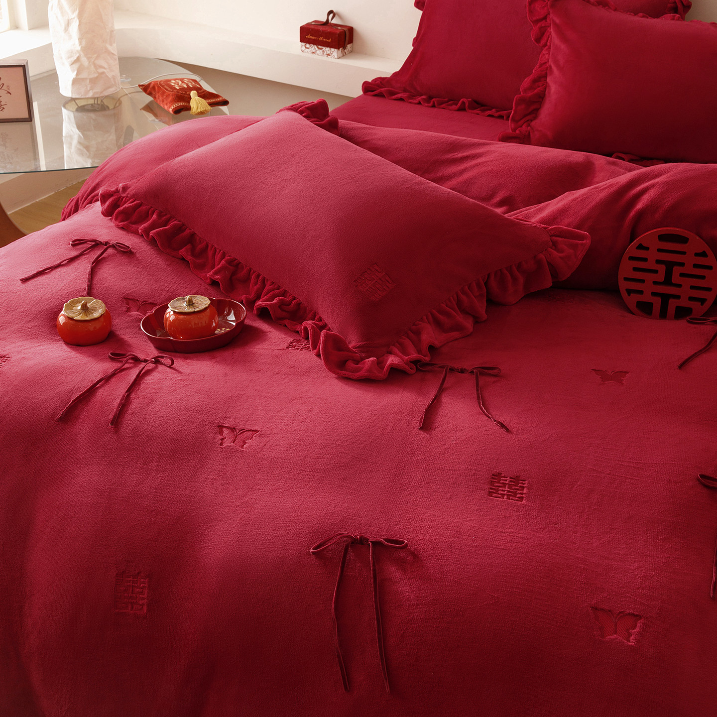 法式牛奶绒婚庆四件套加厚保暖蝴蝶结被套红色冬季珊瑚绒结婚床品,淘宝优惠券,粉丝福利购,淘宝优惠卷