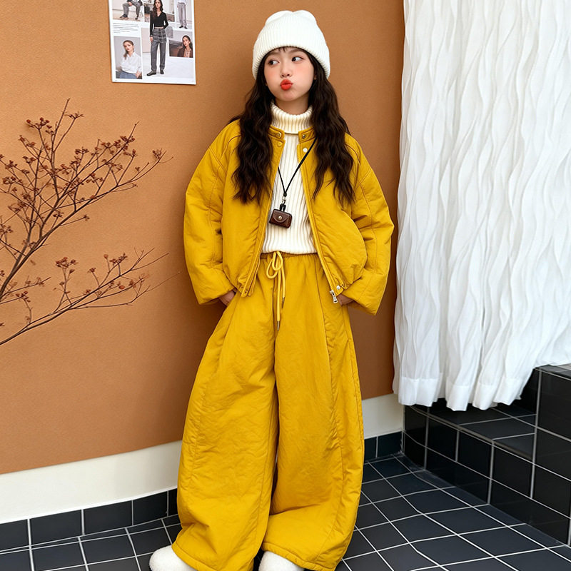 女童冬季加厚棉服套装韩版时尚立领棉衣外套宽松阔腿裤保暖两件套,淘宝优惠券,粉丝福利购,淘宝优惠卷