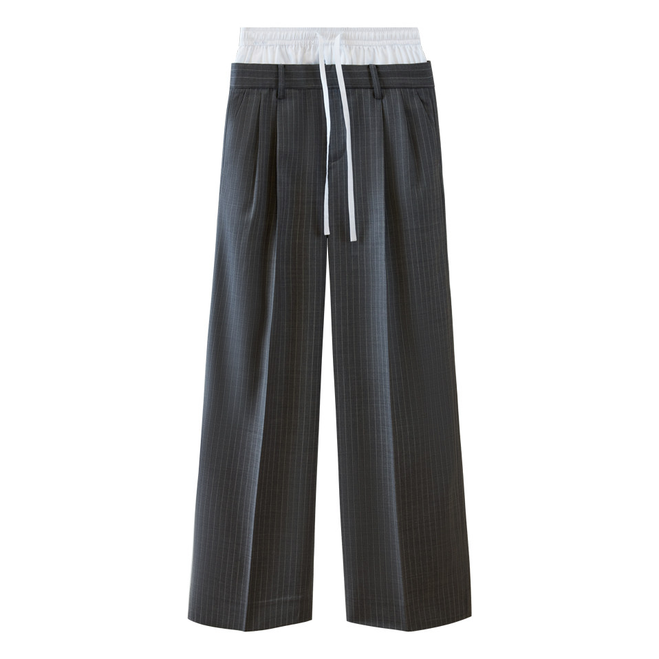 NancyCavally专柜款抗皱精纺羊毛 双腰头拼接H型量感条纹阔腿裤