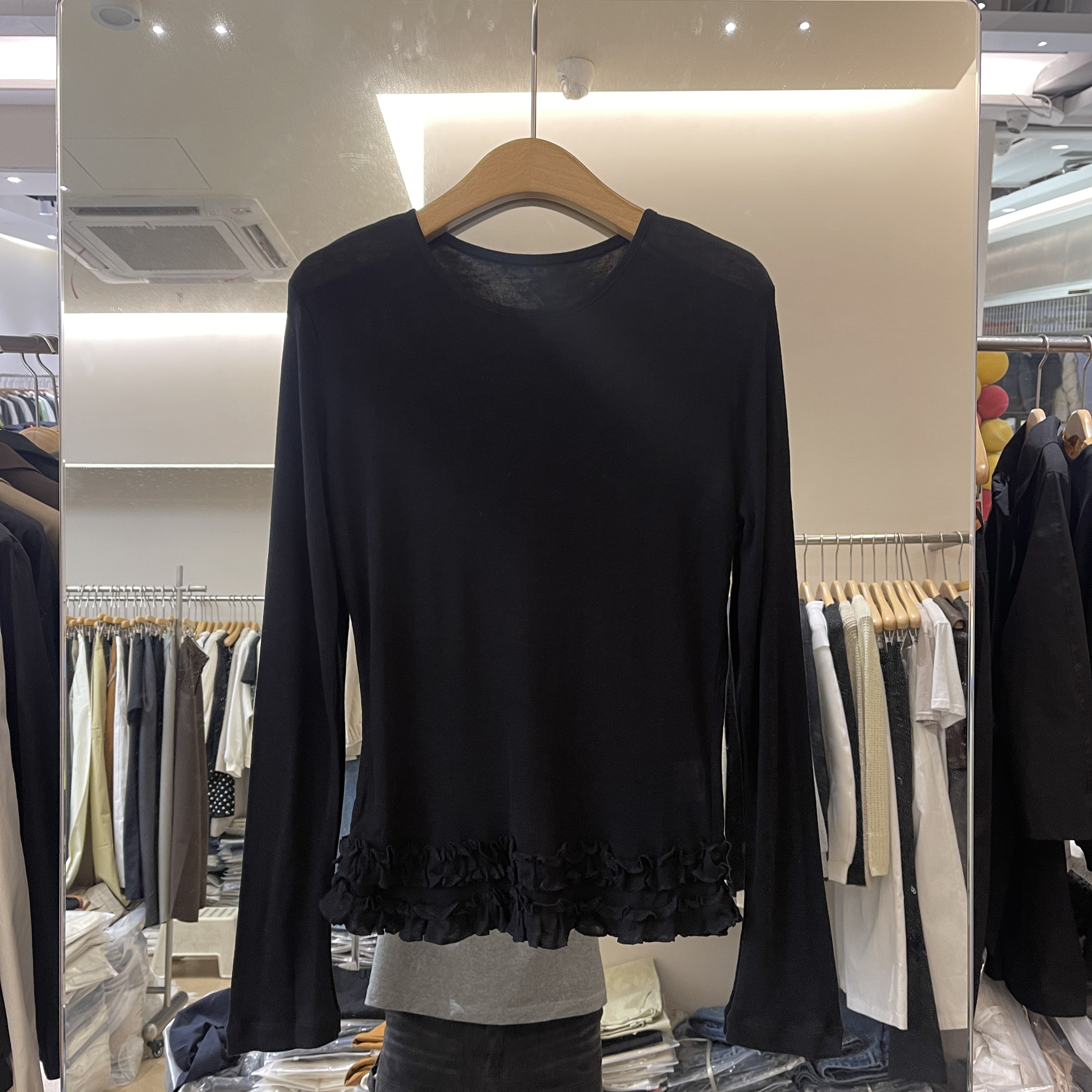 卡蔓诗Kms31027正品韩系下摆木耳边圆领天丝羊毛长袖T恤打底衫女 - 图3