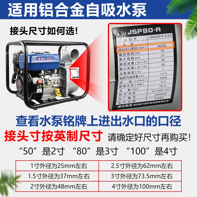 汽油水泵抽水机配件接头自吸泵铝合金农用出水口扳手螺母直管家用