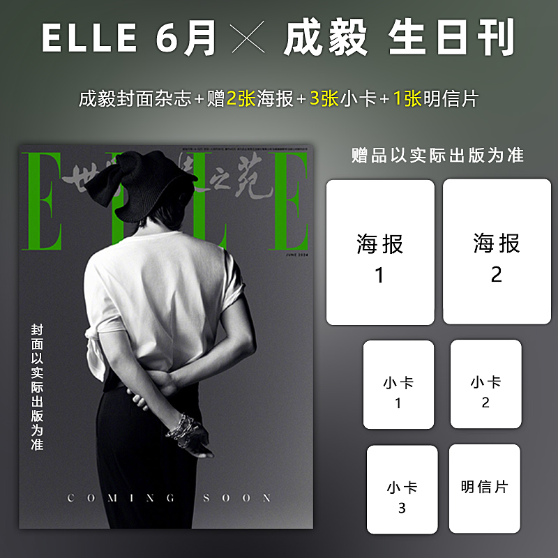 现货 ELLE 6月 成毅封面+店赠小卡2张+飞机盒包 计入销量 Wonderland/睿士ELLEMEN世界时装之苑ELLE6月杂志2024年1/2月成毅封面 - 图2