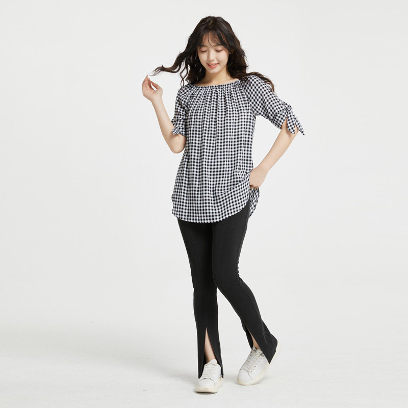 【新品】十月妈咪一字领格纹孕妇t恤 旭申母婴T恤