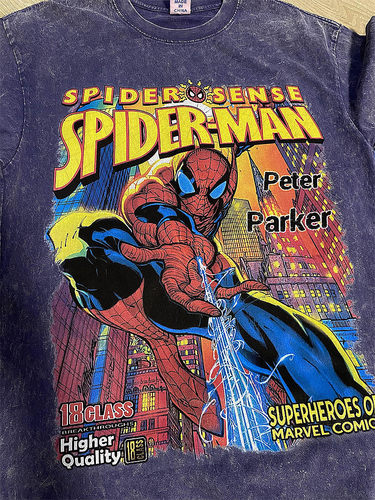 18CLASS蜘蛛侠Spider-Man美式漫画水洗做旧宽松潮牌短袖T恤休闲 - 图1