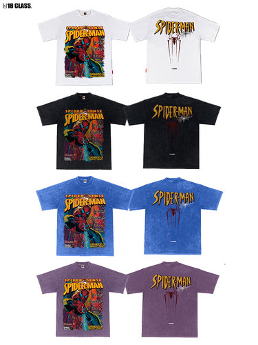 18CLASS蜘蛛侠Spider-Man美式漫画水洗做旧宽松潮牌短袖T恤休闲 - 图0
