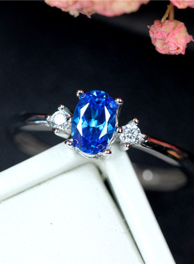 矢车菊蓝宝石女生戒指带钻小巧