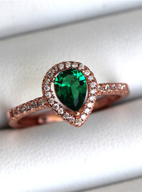 水滴祖母绿戒指纯银镀18K复古