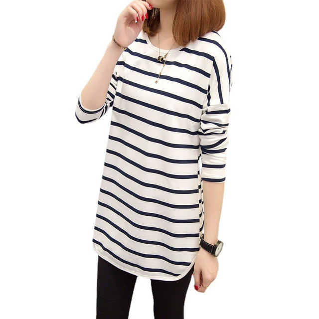 Women's long-sleeved mid-length round neck striped T-shirt