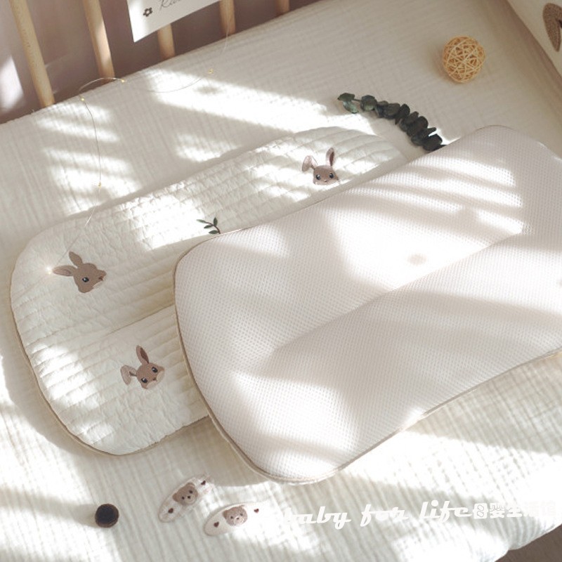 ins风韩国纯棉刺绣透气吸汗网布四季通用婴幼儿童宝宝兔子平头枕 - 图2