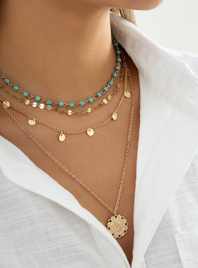 欧美跨境饰品波西米亚风 绿松石串珠锁骨项饰女花盘吊坠 气质流苏