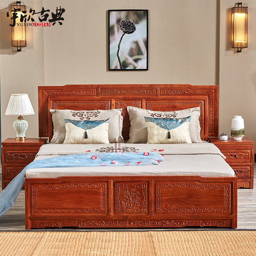红木双人床中式刺猬紫檀仿古家具实木主卧婚床1.8m花梨木储物大床-图0