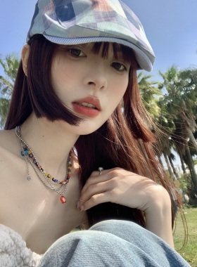 百搭彩色琉璃小花三层叠戴项链女