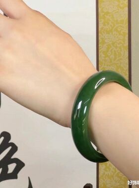 天然新疆碧玉手镯女款菠菜绿和田玉手镯碧玉墨绿祖母绿送礼物时尚