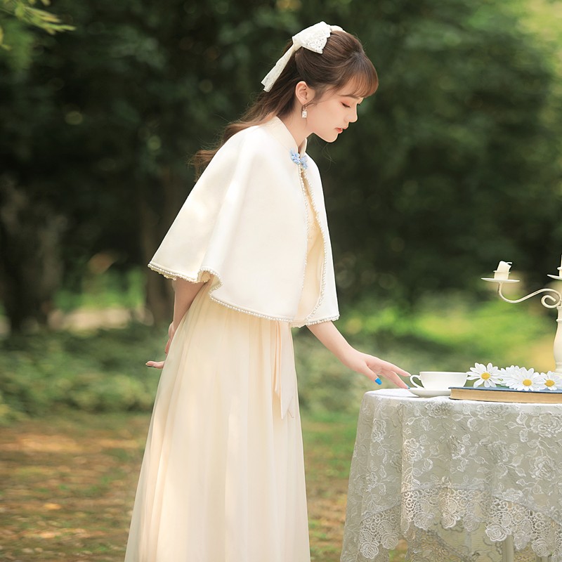 蕾丝防晒珍珠吊坠披肩女夏薄款旗袍外搭开衫配裙子妈斗篷披风外套