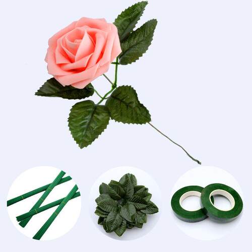 DIY丝网花径材料手工花杆丝带玫瑰花棒仿真绿铁丝枝干假叶子胶带 - 图1
