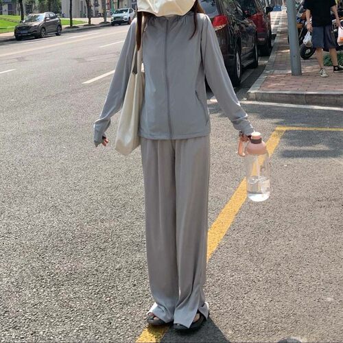 大码硬核防晒裤夏季女薄款胖mm垂坠感拖地显瘦冰丝防蚊开叉阔腿裤 - 图1