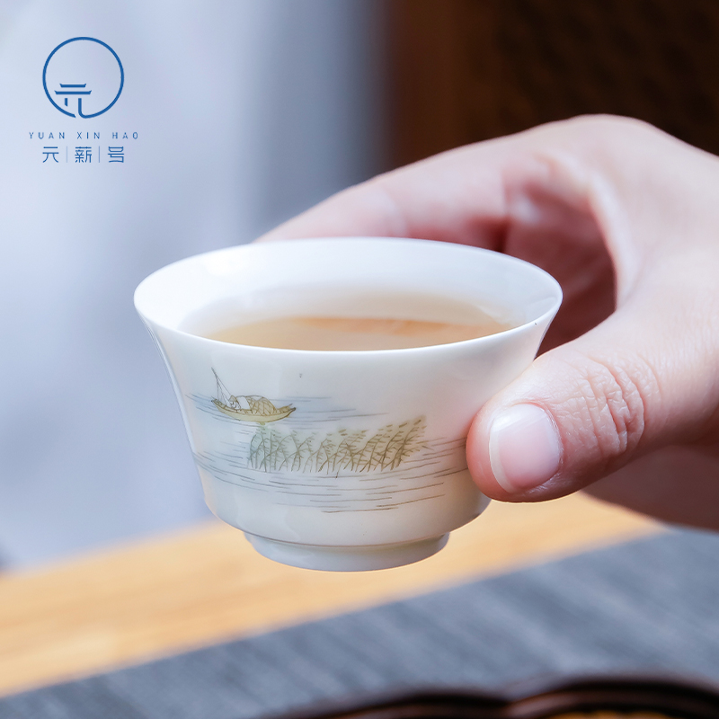 诚德轩元薪号手绘主人杯单杯中式马蹄杯兰花喝茶杯茶具陶瓷闻香杯