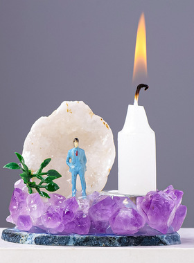 天然玛瑙晶洞紫晶牙花摆件家居桌面微景观西方蜡烛台装饰摆件