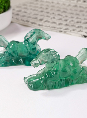 天然水晶绿萤石骏马雕刻件水晶萤石打磨雕刻骏马摆件家居客厅