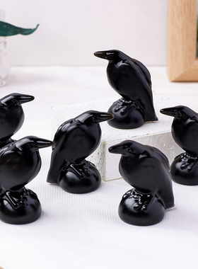 跨境黑曜石乌鸦雕像仿真乌鸦装饰雕刻件万圣节家居装饰工艺品