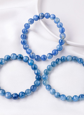 天然水晶蓝晶石圆珠手链猫眼蓝宝石矿物老矿蓝色水晶单圈手串